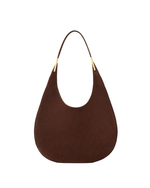 Brown handbag with gold accents on a white background