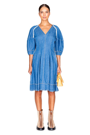 Lightweight Chambray Puff Sleeve Short Dress