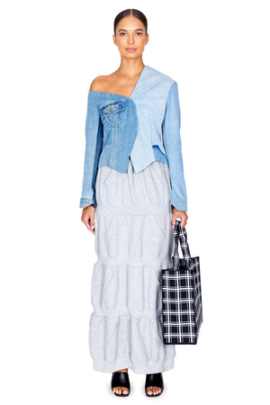 Model wearing the maxi sweat skirt in grey.