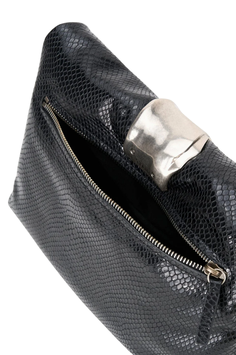 Close-up of a black snakeskin-textured handbag with a silver metallic clasp and an open zipper, shown on a white background.