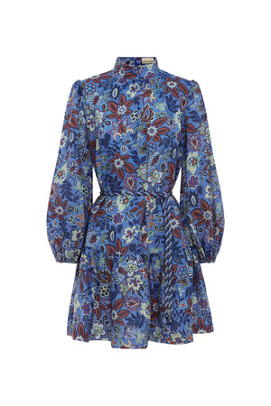 Ghost image of the isabella mini dress in azure print with rope waist tie.