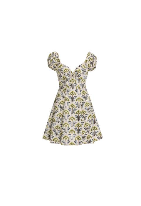 Deep v-neck cotton mini dress with cap sleeves and floral print.