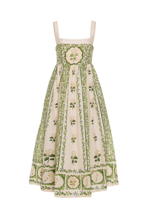 Linen A-line midi dress with neckline trimmed in small pearls and floral print.