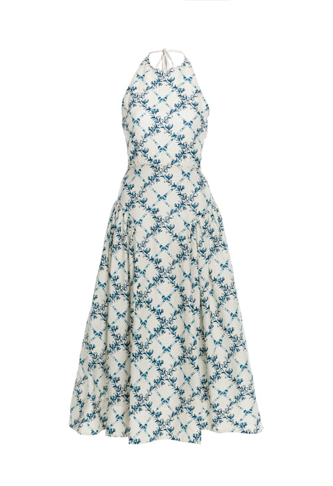 Midi length linen dress with halter neck with blue lattice style print.