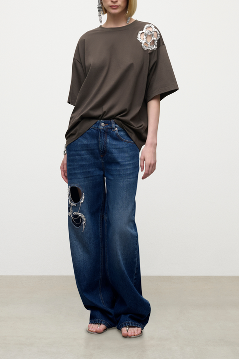 Crystal Chain Cutout Relaxed Jean