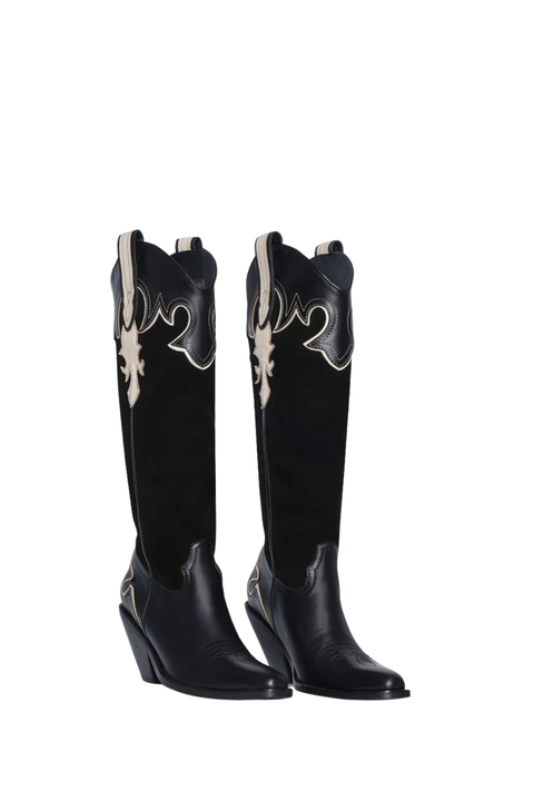 Black knee-high boots with white embroidery on a white background