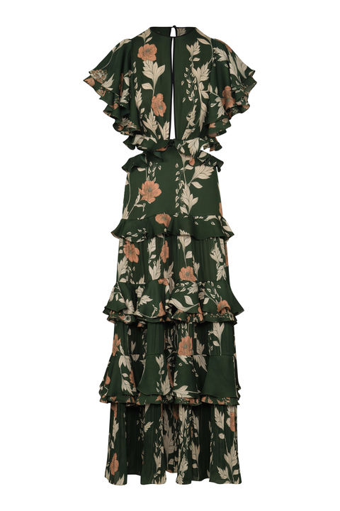 A dark green ruffled maxi dress with a beige and brown floral pattern, featuring tiered layers, flutter sleeves, and side cutouts, shown against a plain white background.