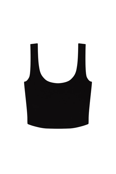A black scoop-neck crop top with wide shoulder straps, shown flat against a solid white background.