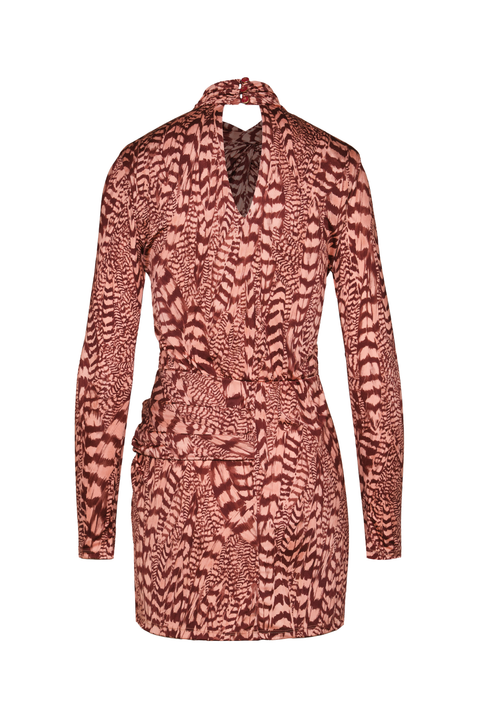 A long-sleeve wrap-style mini dress with a brown and pink animal print pattern, shown on a plain white background.