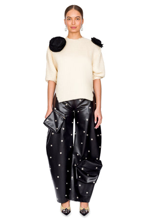 Faux Leather Rounded Stud Covered Trouser with Snap-On Pockets