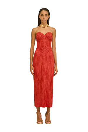 Woman wearing a red strapless dress