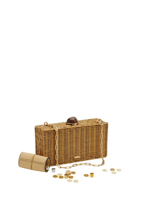 Wicker handbag with a backgammon set and coins