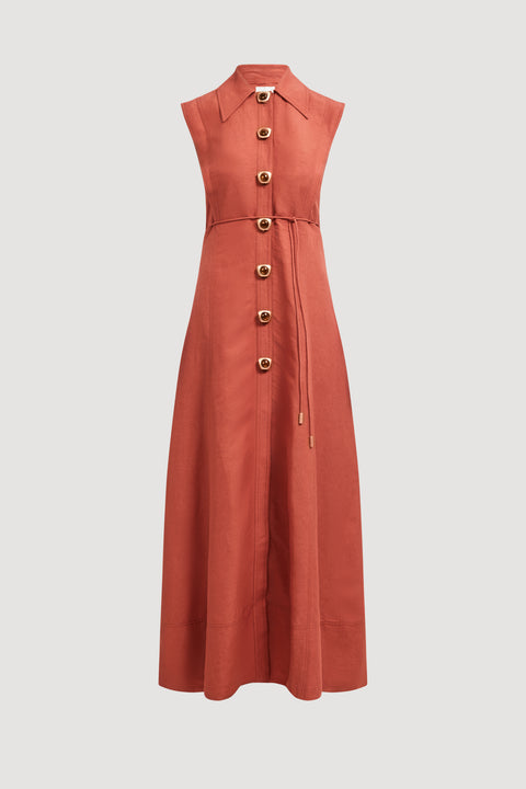 Long rust-colored collared dress with button details on a light gray background