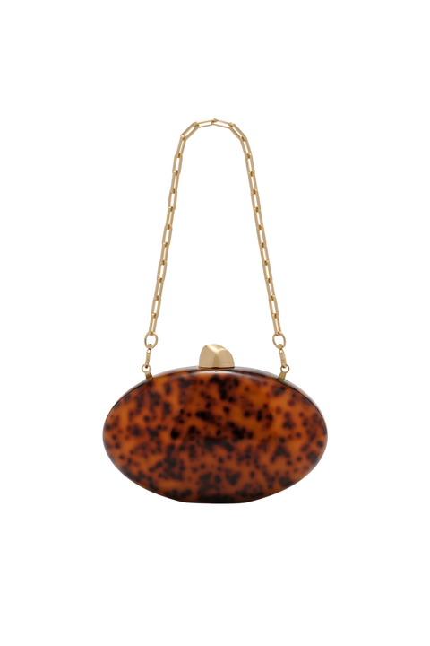 Oval tortoiseshell clutch bag with gold closure and gold strap chain