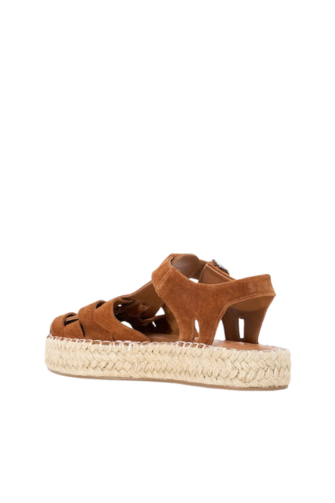 A single brown suede espadrille sandal with a low block heel and braided jute platform sole, shown from a side profile view on a white background.