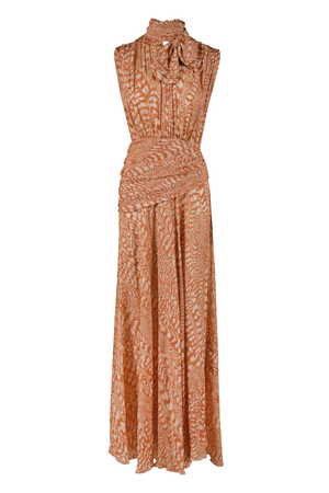 A sleeveless high-neck maxi dress with a tie-neck detail and an abstract orange and brown pattern, shown against a plain white background.