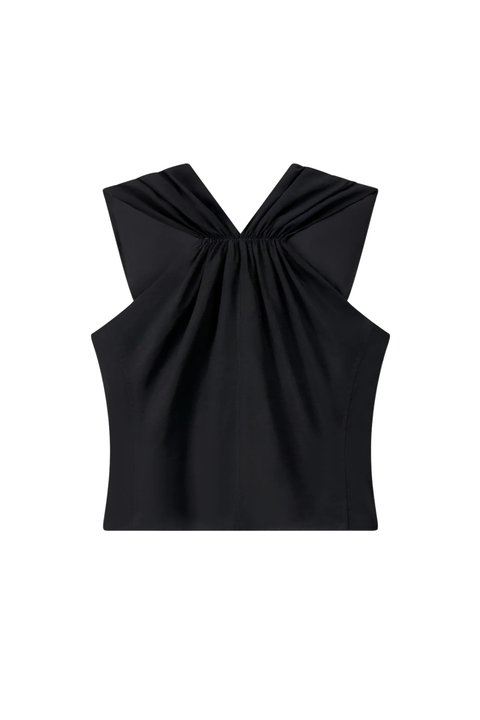 A black sleeveless top with a dramatic gathered neckline and wide shoulder panels, shown flat against a plain white background.
