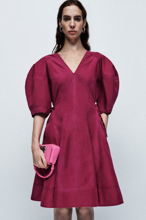 Puff Sleeve Belted Godet Midi Dress