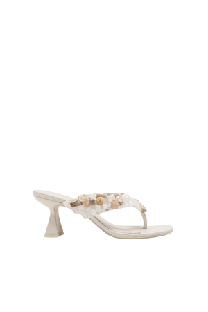 White heeled thong flip flop sandal with beaded embellishments front