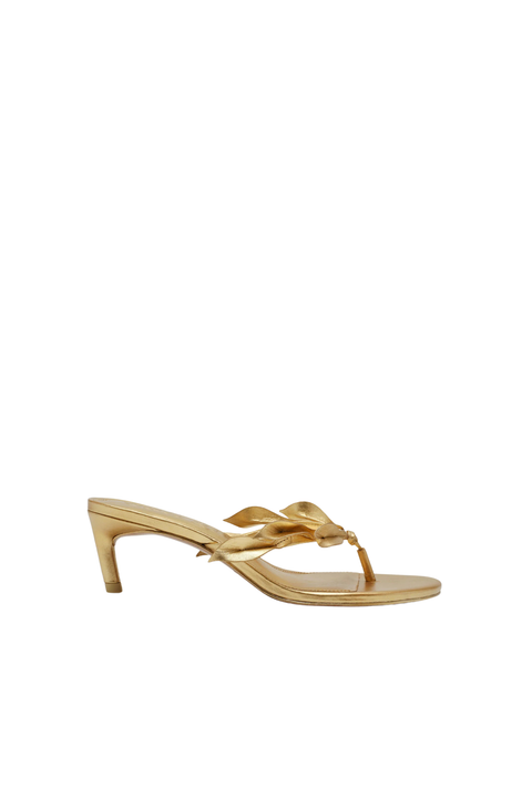 Gold mid heeled thong flip flop sandal with gold leaves