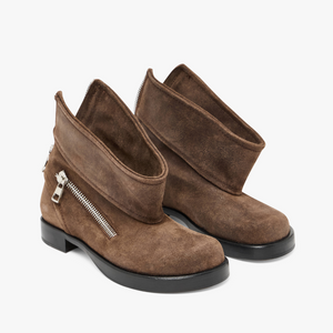 Pair of brown suede ankle boots with zippers on a white background