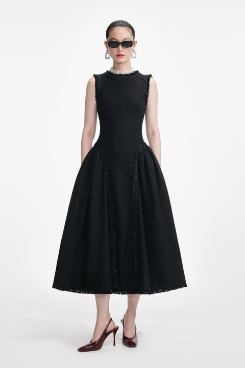 Black Boucle Sleeveless Midi Dress