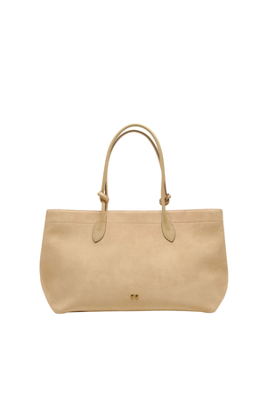 Beige suede tote bag with leather straps front angle