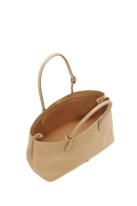 Beige suede tote bag with a handle inside view
