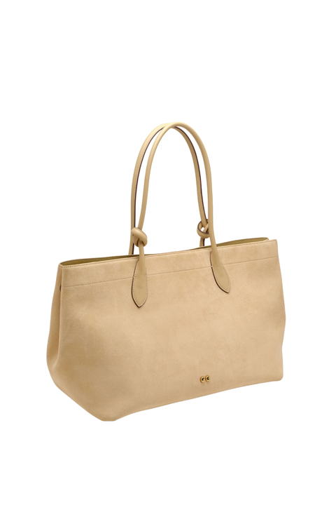 Beige suede tote bag side angle closed