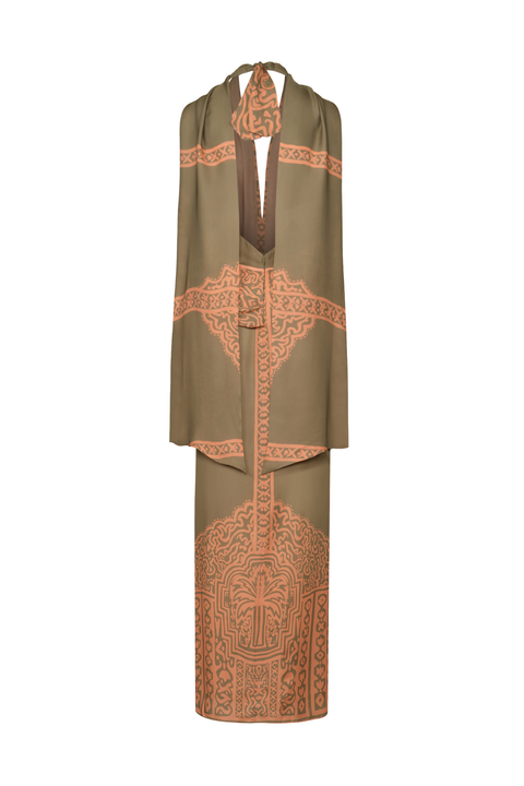 A long olive green dress with ornate rust-orange embroidered patterns, featuring a high collar and a matching long skirt, shown against a plain white background.