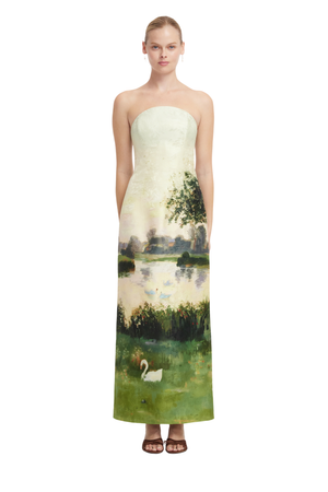 A strapless floor-length dress with a printed landscape design featuring a lake, trees, reeds, and a white swan, shown on a model against a plain white background.