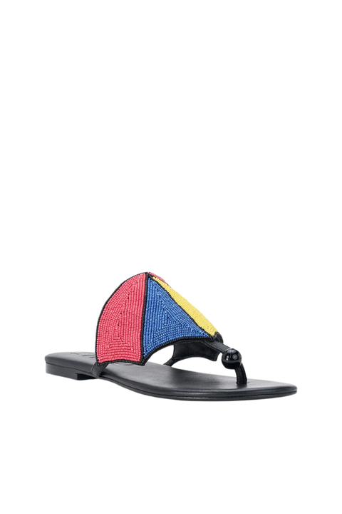 A single black thong sandal with a colorful beaded upper strap featuring red, blue, and yellow segments, shown against a plain white background.