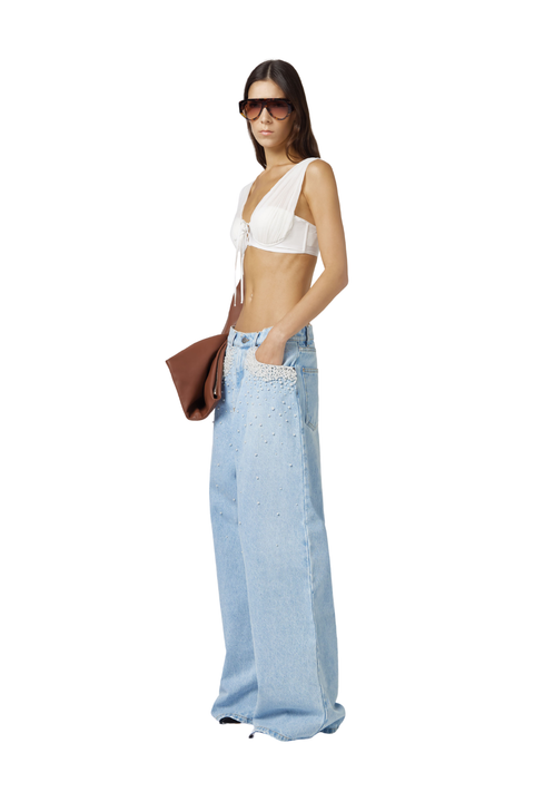 Denim Trousers With Pearl Pockets