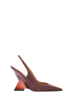 Brown high-heeled shoe with a unique heel design on a white background