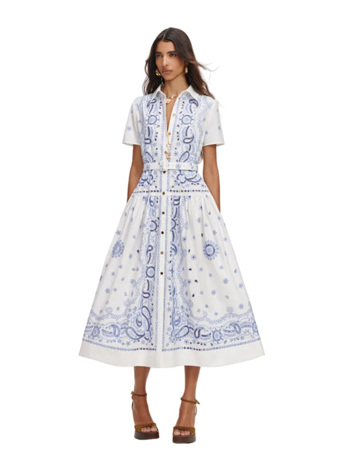 White And Blue Embroidered Midi Dress