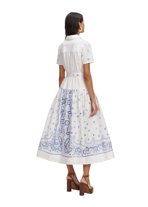 White And Blue Embroidered Midi Dress
