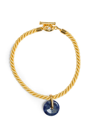 Yellow Cord Necklace With Blue Donut Pendant
