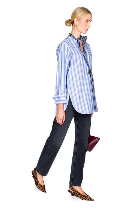 Mixed Stripe Overlapping Shirt With Metal Button