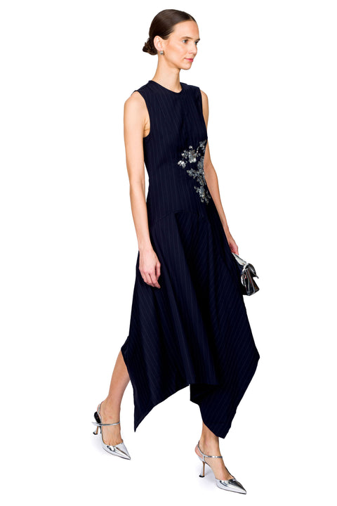 Pinstripe Wool Sleeveless Dress With Embroidery