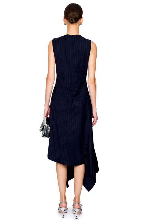 Pinstripe Wool Sleeveless Dress With Embroidery