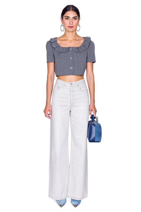 Grey Frilled Neck Cropped Jacket