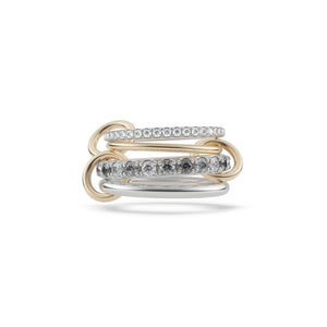 Ghost image of a Spinelli Kilcollin Arla ring that features one 1.7mm sterling silver band pave with white diamonds, one 1.2mm 18k yellow gold band, one 2.8mm sterling silver band pave with grey diamonds, and one 2,3mm sterling silver band, all connected by three 18k yellow gold connectors.