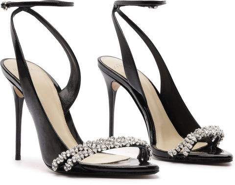 Black high-heeled sandals with crystal embellishments on a white background