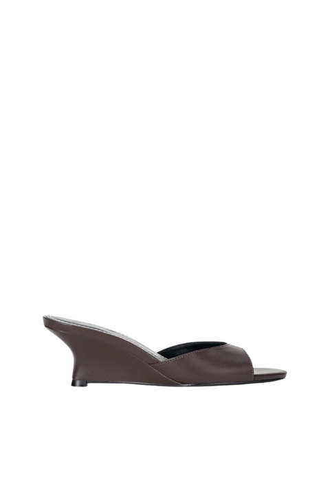 A single dark brown leather wedge mule sandal shown in a side profile view against a solid white background.