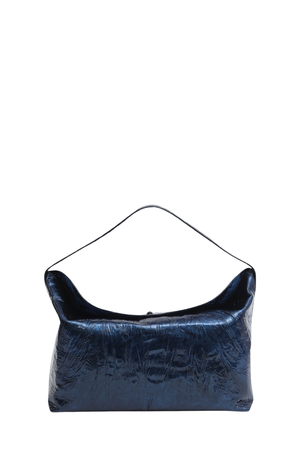 A dark blue textured leather shoulder bag with a glossy finish and a thin black strap, shown against a plain white background.
