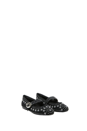 Black ballet flat shoes with silver stud floral patterns on a white background
