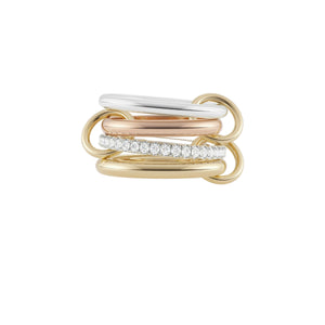 Ghost image of a Spinelli Kilcolling Cancer ring that features two 2.3mm sterling silver bands, one pave with white diamonds, one 2.7mm 18k rose gold half band, and one 2.8mm 18k yellow gold band, all connected by three 18k yellow gold connectors.
