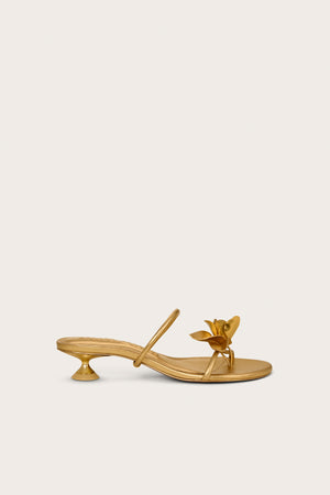Side profile of a gold kitten heel that features an over-the-foot strap and a toe ring strap that has a gold flower applique.
