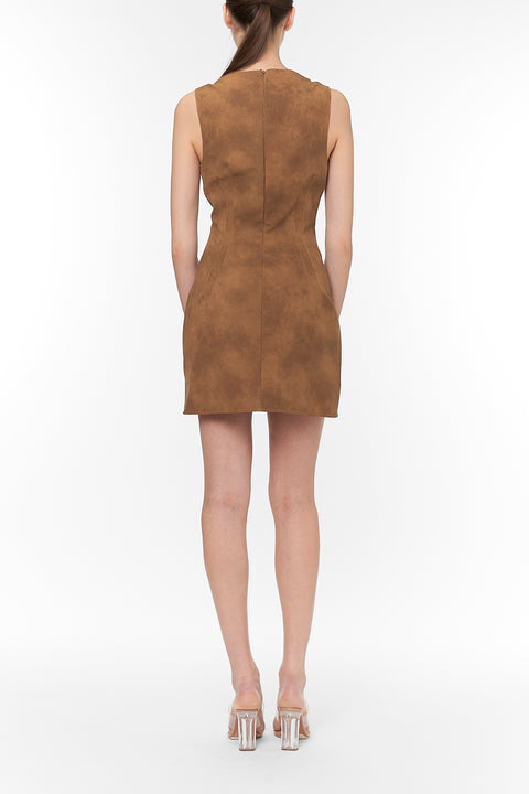 Back of brown mini dress on a white background.