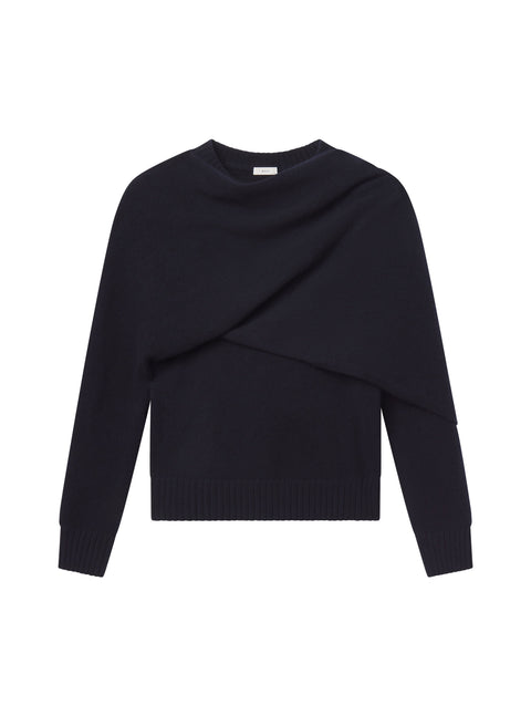 Navy blue sweater with a draped design on a white background